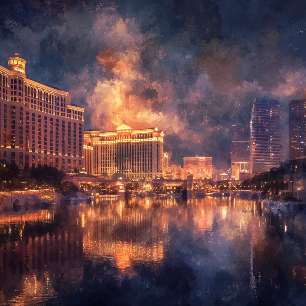 Peinture nocturne de grands hôtels-casinos éclairés au bord d’un plan d’eau, reflets dorés sous ciel nuageux.
