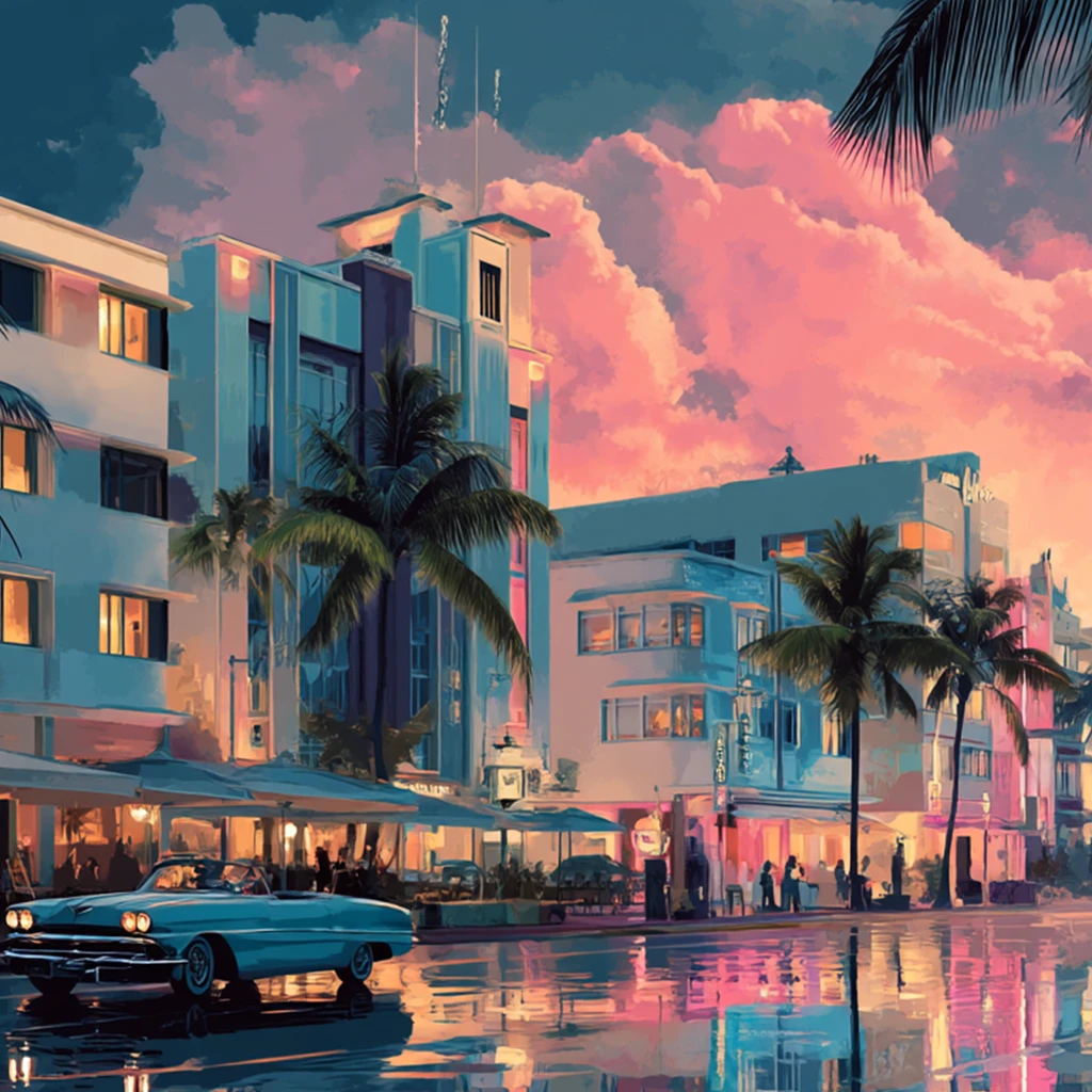 Immeubles Art déco et palmiers bordent une rue humide; un cabriolet ancien passe sous un ciel rose au crépuscule.