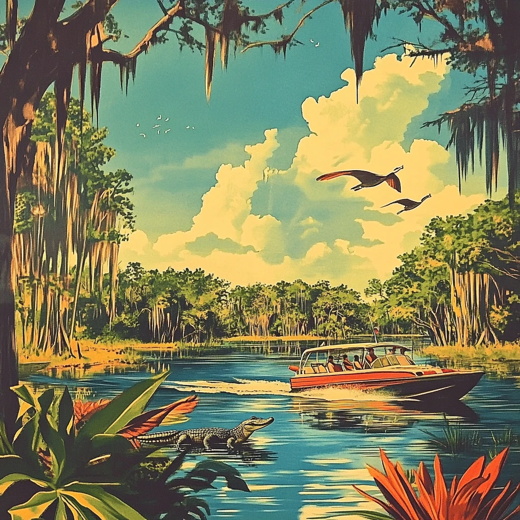 Illustration d’une rivière dans un marais: vedette avec passagers, alligator sur la berge, deux oiseaux, cyprès.