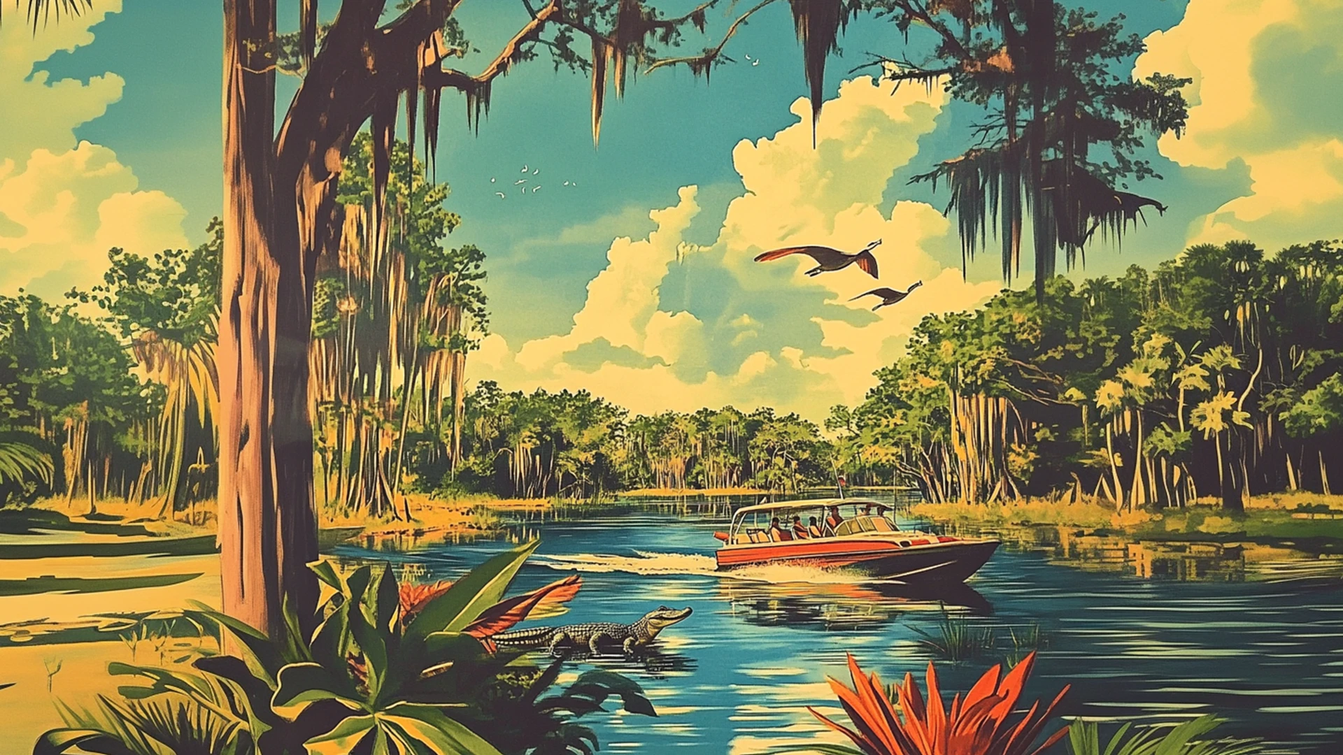 Illustration d’une rivière dans un marais: vedette avec passagers, alligator sur la berge, deux oiseaux, cyprès.