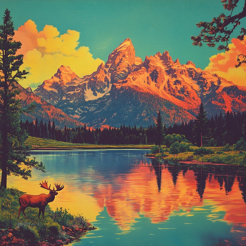 Orignal au bord d’un lac calme, sommets enneigés et sapins reflétés dans l’eau, sous des nuages orange.