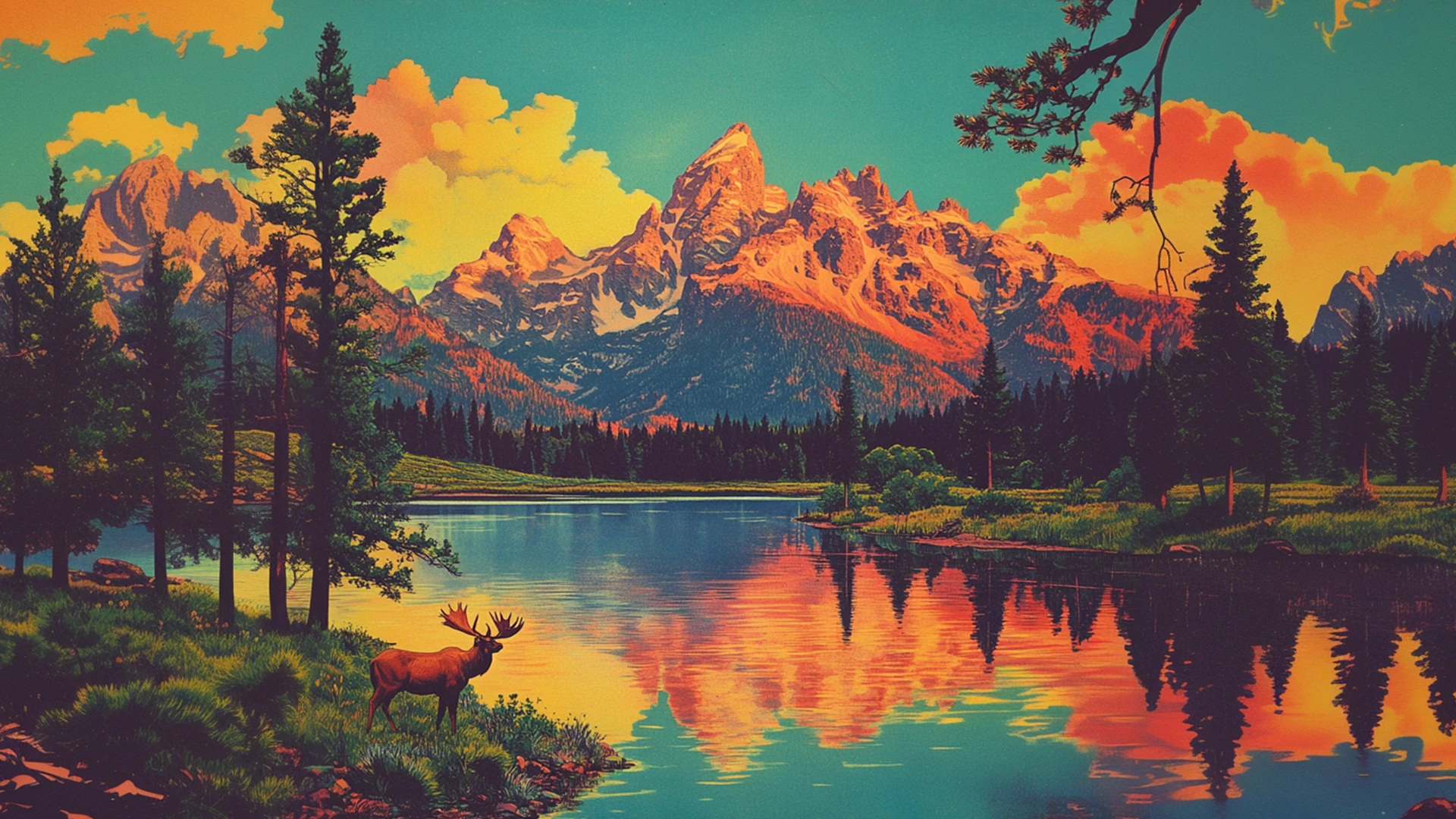 Orignal au bord d’un lac calme, sommets enneigés et sapins reflétés dans l’eau, sous des nuages orange.