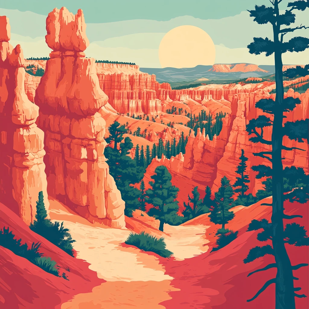 Sentier sableux serpente entre des falaises rouges et des hoodoos, pins sombres, soleil bas à l’horizon.