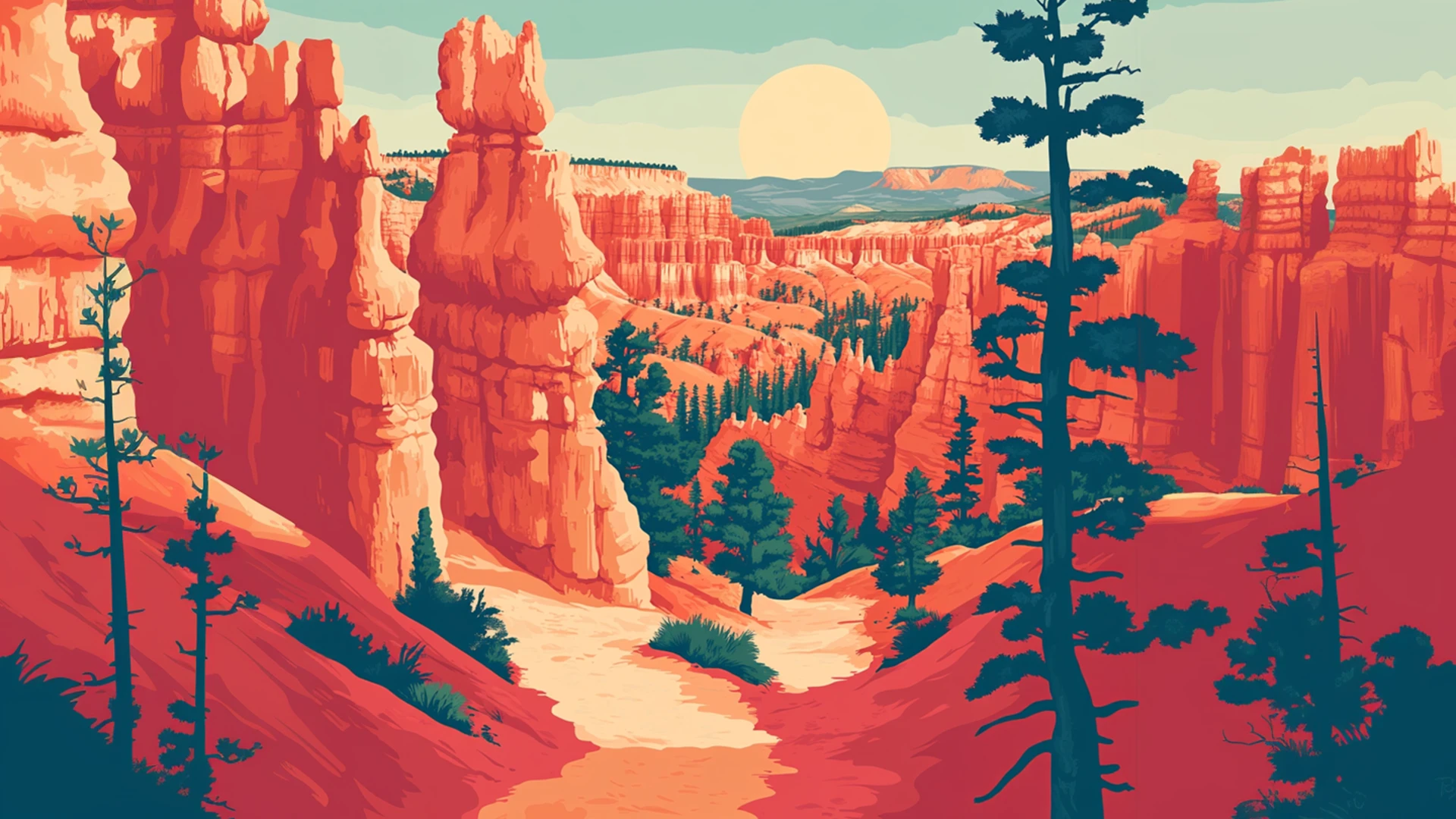Sentier sableux serpente entre des falaises rouges et des hoodoos, pins sombres, soleil bas à l’horizon.
