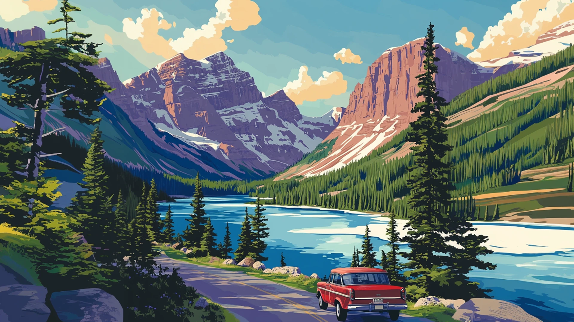 Voiture rouge ancienne longeant une route au bord d’un lac bleu, pins et montagnes enneigées sous ciel clair.