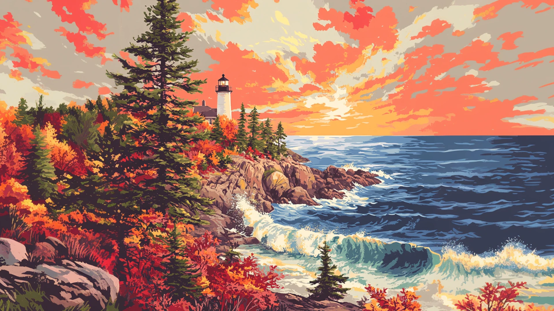 Peinture d’un phare blanc sur falaise rocheuse, pins et feuillages d’automne, vagues, ciel orange au coucher.