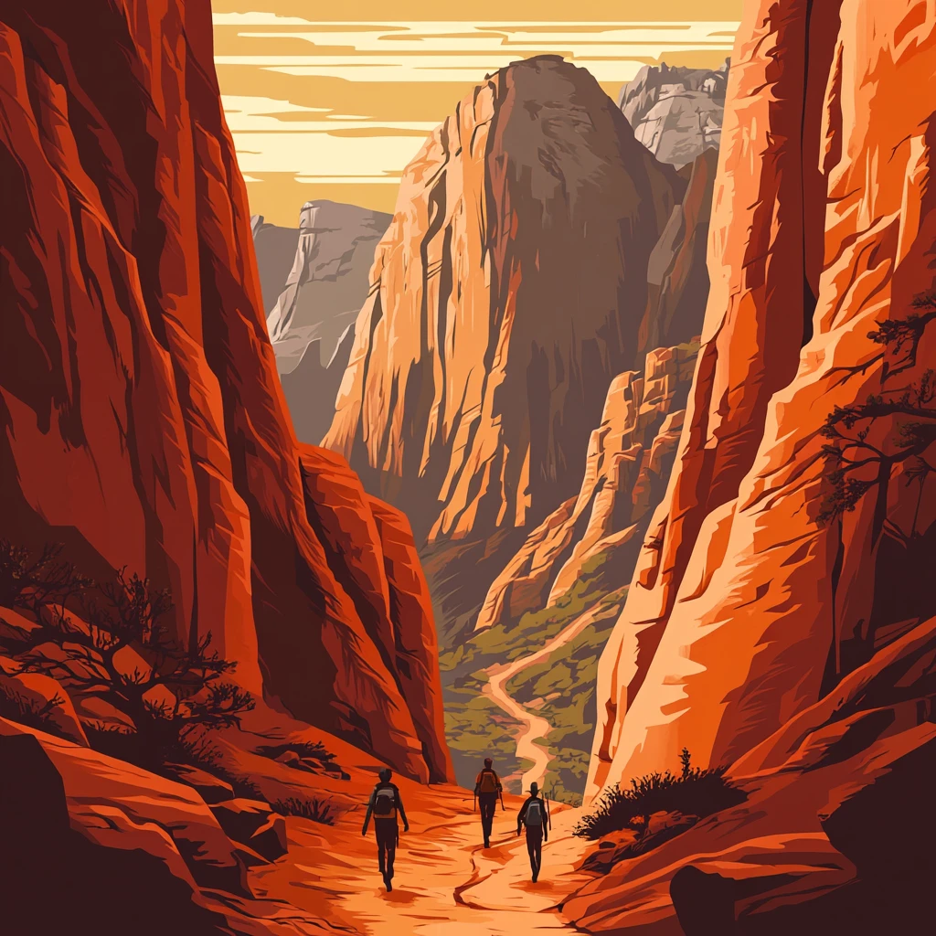 Trois randonneurs avancent dans un canyon aux falaises rouges, sentier sinueux au fond, sous un ciel doré.