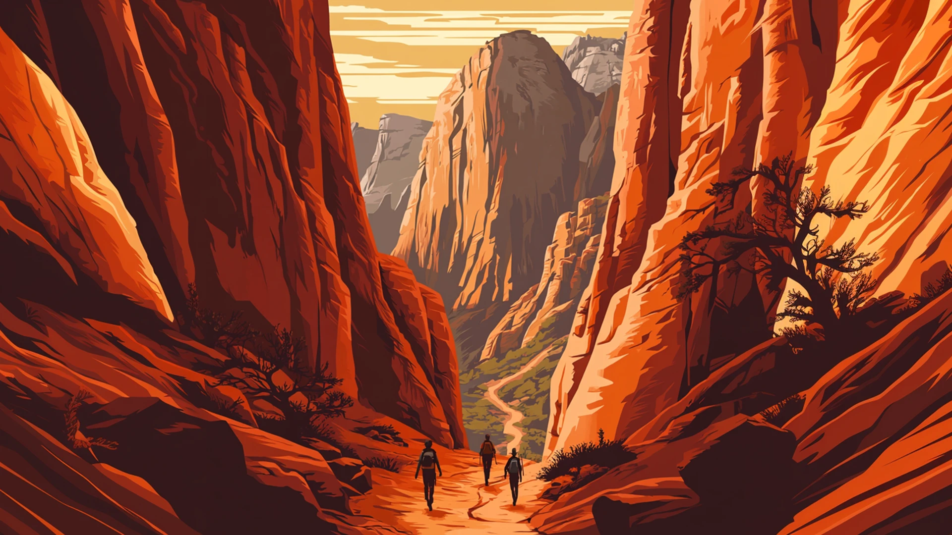 Trois randonneurs avancent dans un canyon aux falaises rouges, sentier sinueux au fond, sous un ciel doré.