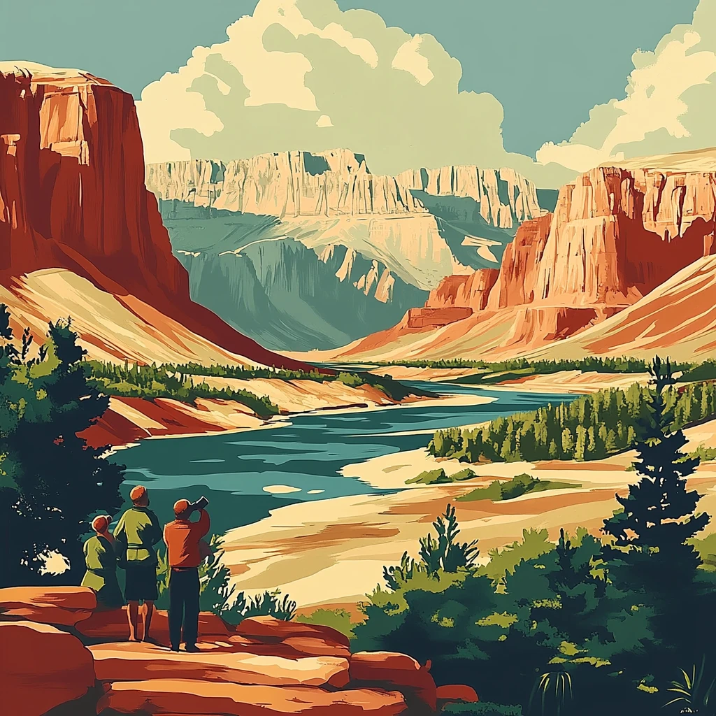 Trois randonneurs observent une rivière sinueuse au fond d’un canyon aux falaises rouges et pins, sous de gros nuages.