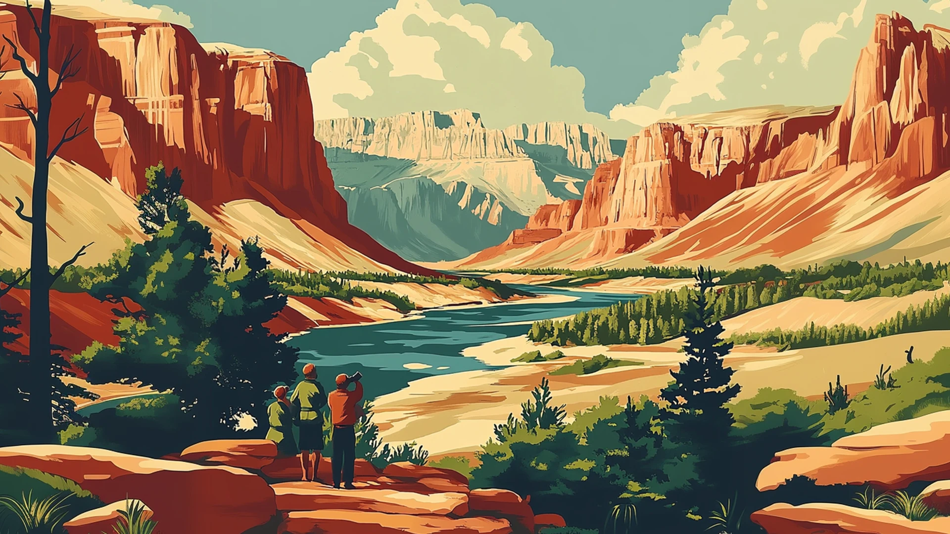 Trois randonneurs observent une rivière sinueuse au fond d’un canyon aux falaises rouges et pins, sous de gros nuages.