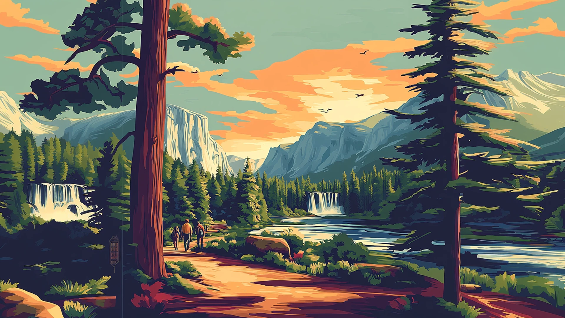 Sentier forestier au coucher du soleil, trois randonneurs, rivière et cascade, montagnes et oiseaux au loin.