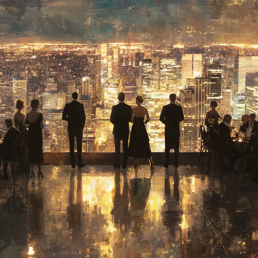 Silhouettes d'un couple devant une baie vitrée, coucher de soleil sur des gratte-ciel, tables et verres au salon.