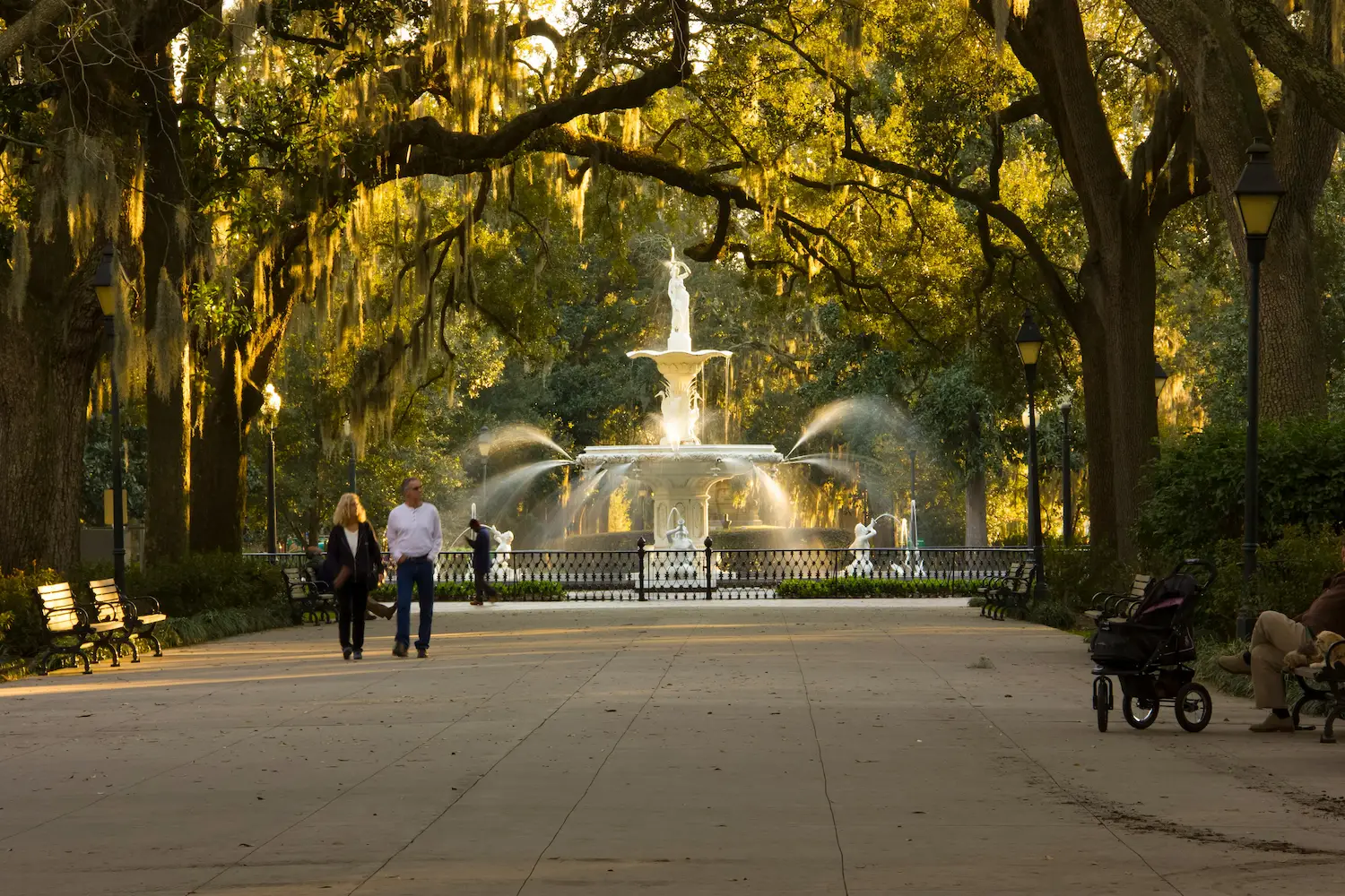 Fontaine et arbre dans un parc à Savannah
