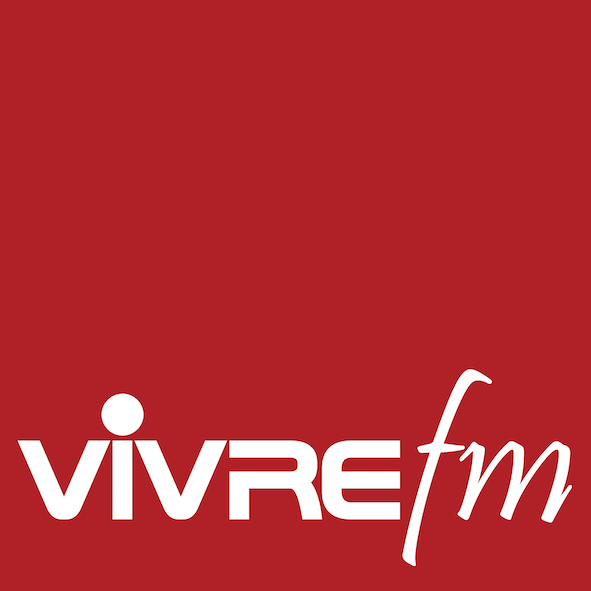 Vivre FM radio logo with dark red background