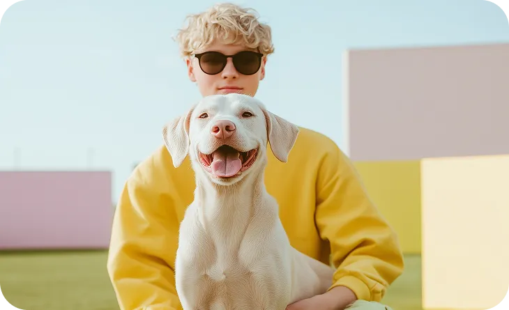 Cute dog with its owner.