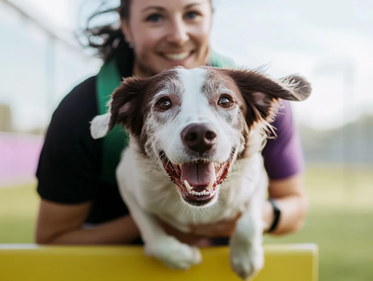 Cute dog with its owner.