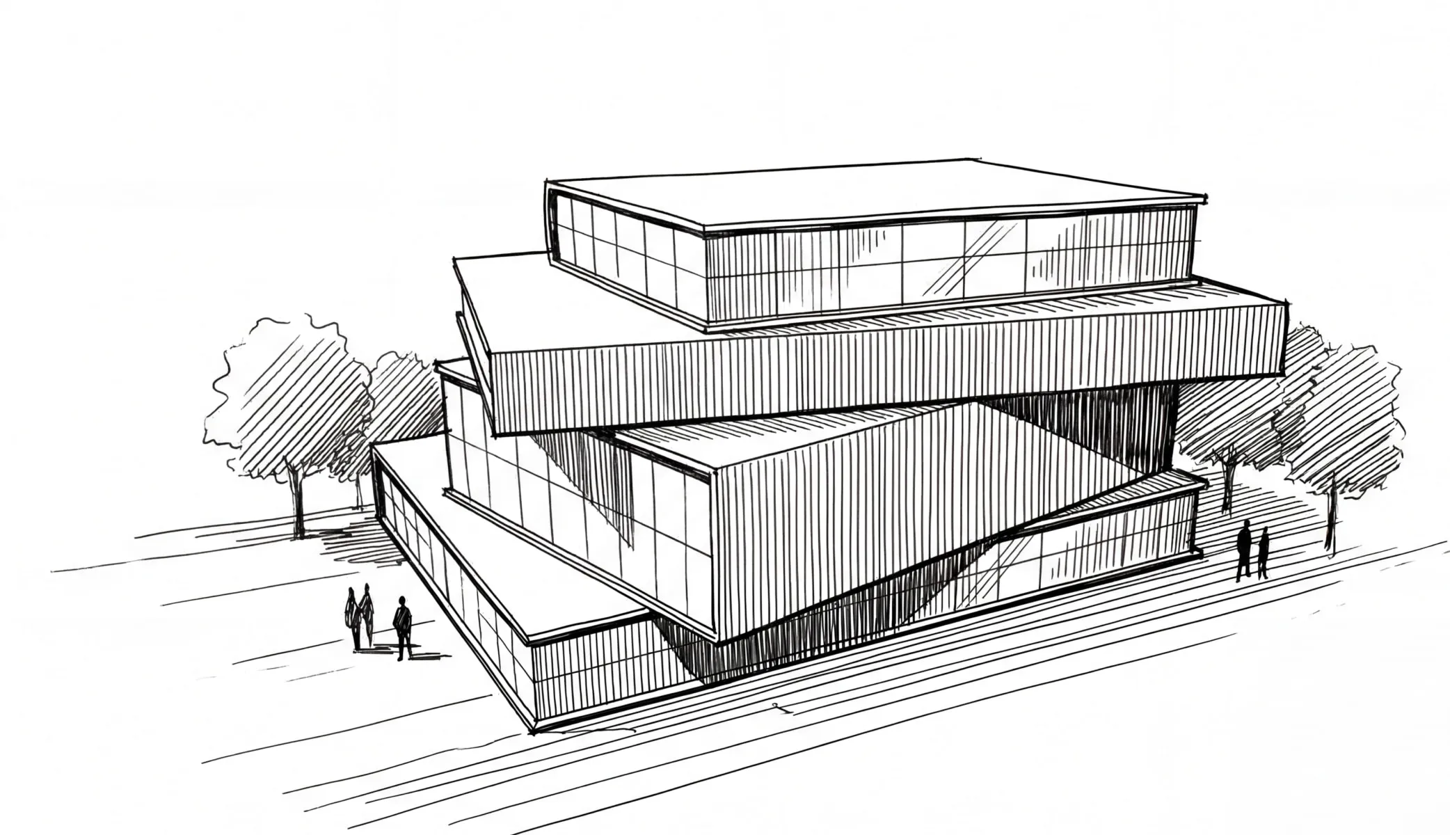 A black and white drawing of a building.