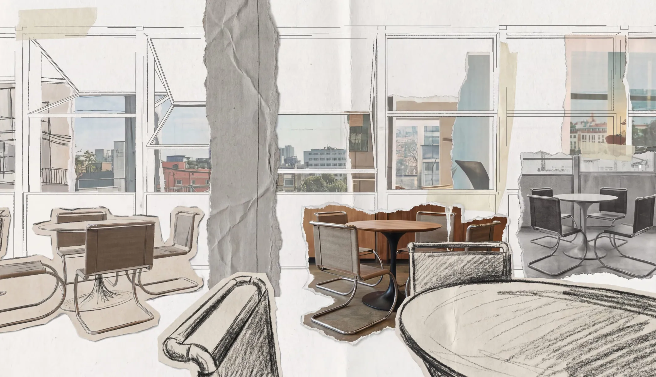 A drawing of a room with a table and chairs.