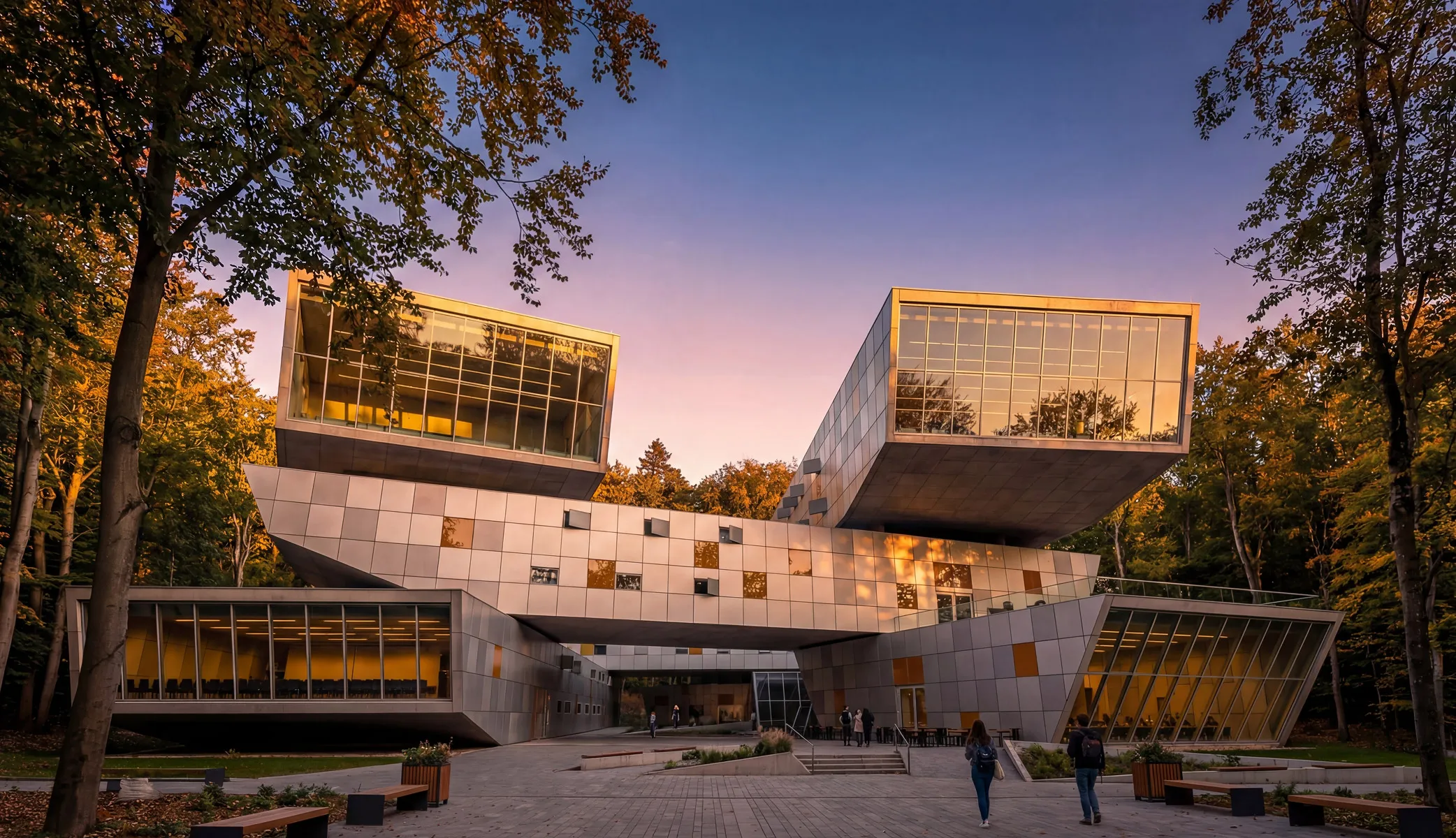 A couple of people standing in front of a building.