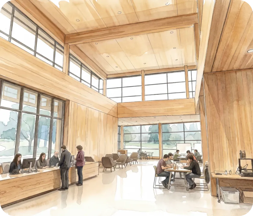 A drawing of a restaurant with people sitting at tables.