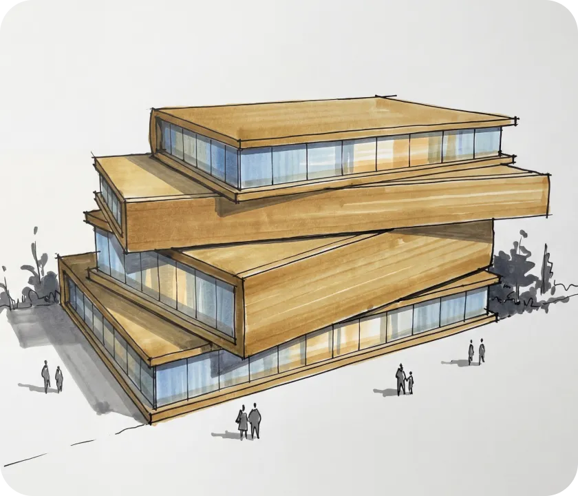 A drawing of three wooden buildings on a snowy surface.