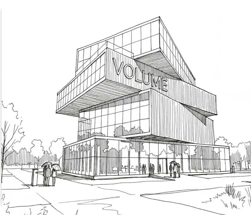 A black and white drawing of a building.