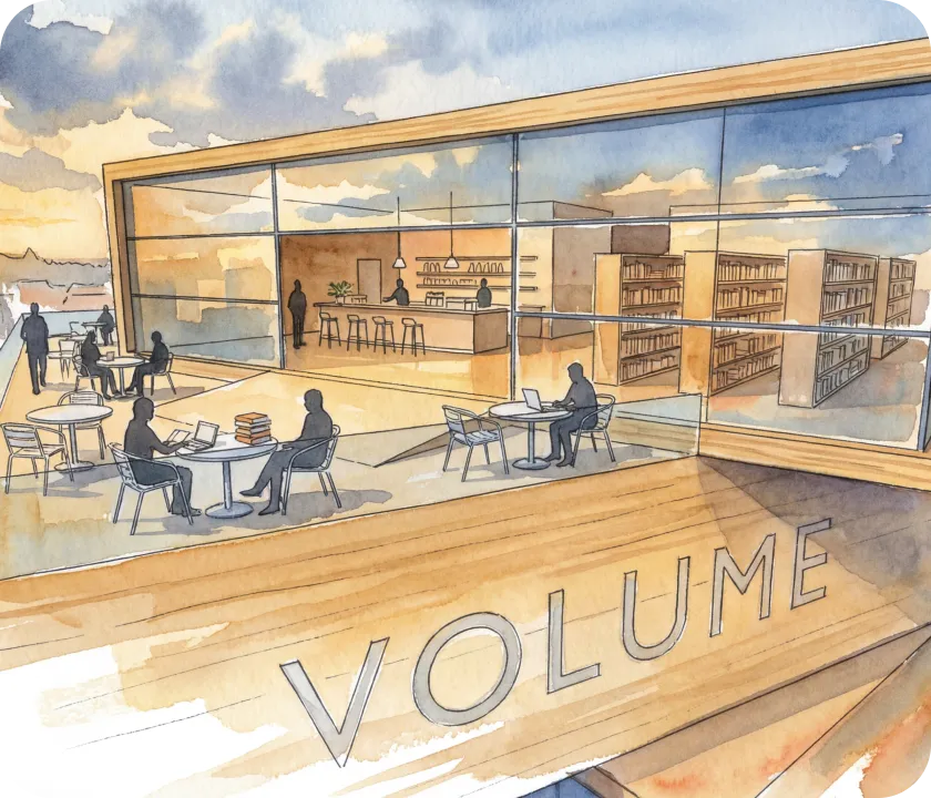 A painting of people sitting at a table in a library.