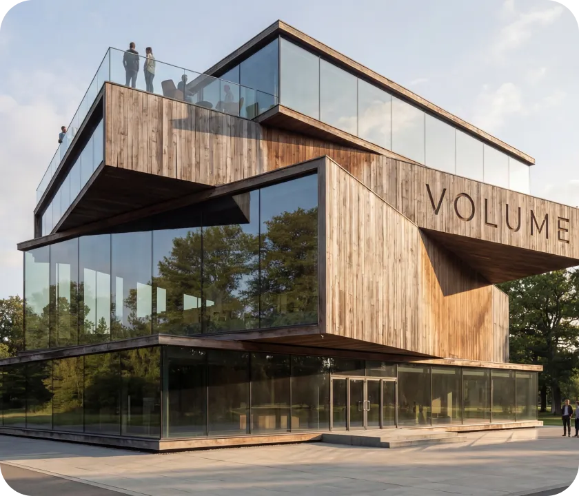 A large wooden building with people standing on top of it.