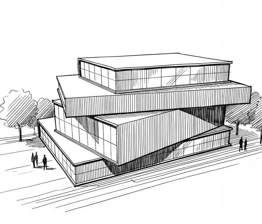 A black and white drawing of a building.