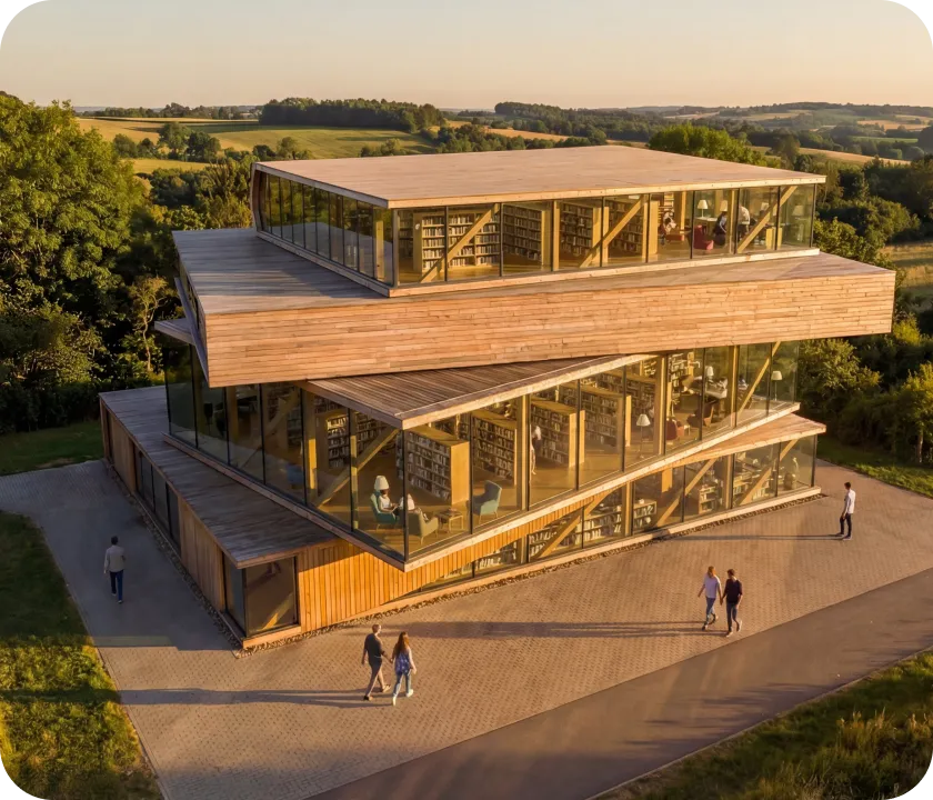 A group of people walking around a large building.