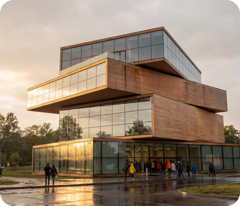 A group of people standing outside of a building.