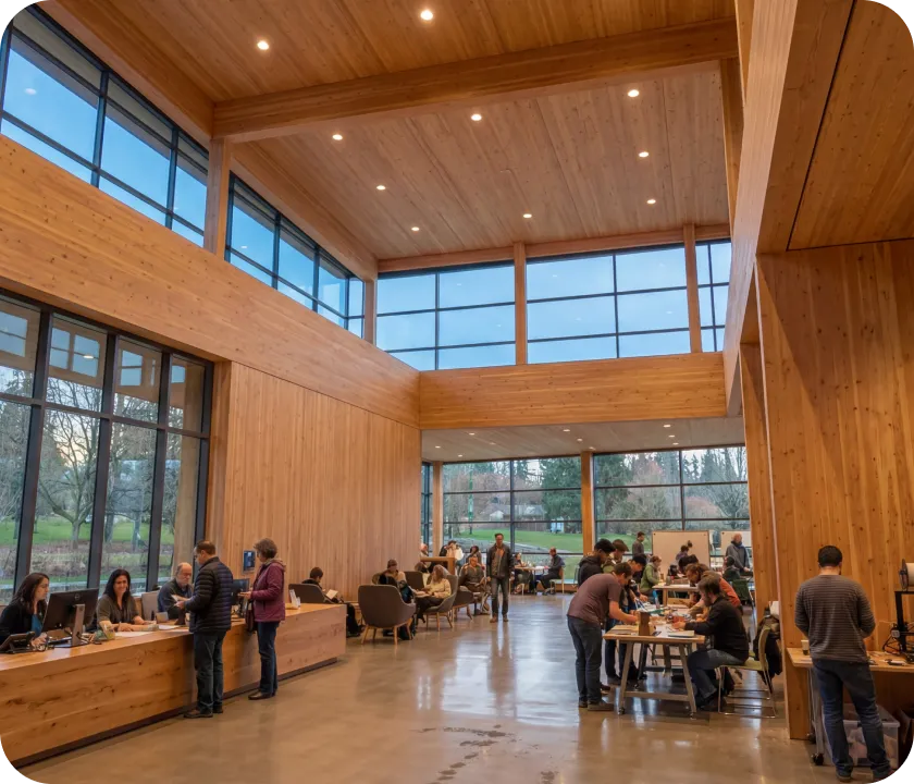 A group of people sitting at tables in a large room.
