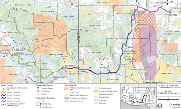 Route map of the SunZia transmission project running 550 miles from central New Mexico to south-central Arizona