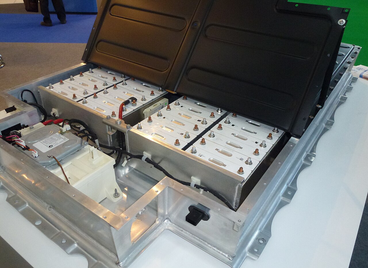 An opened BMW i3 lithium-ion battery pack showing the cells inside