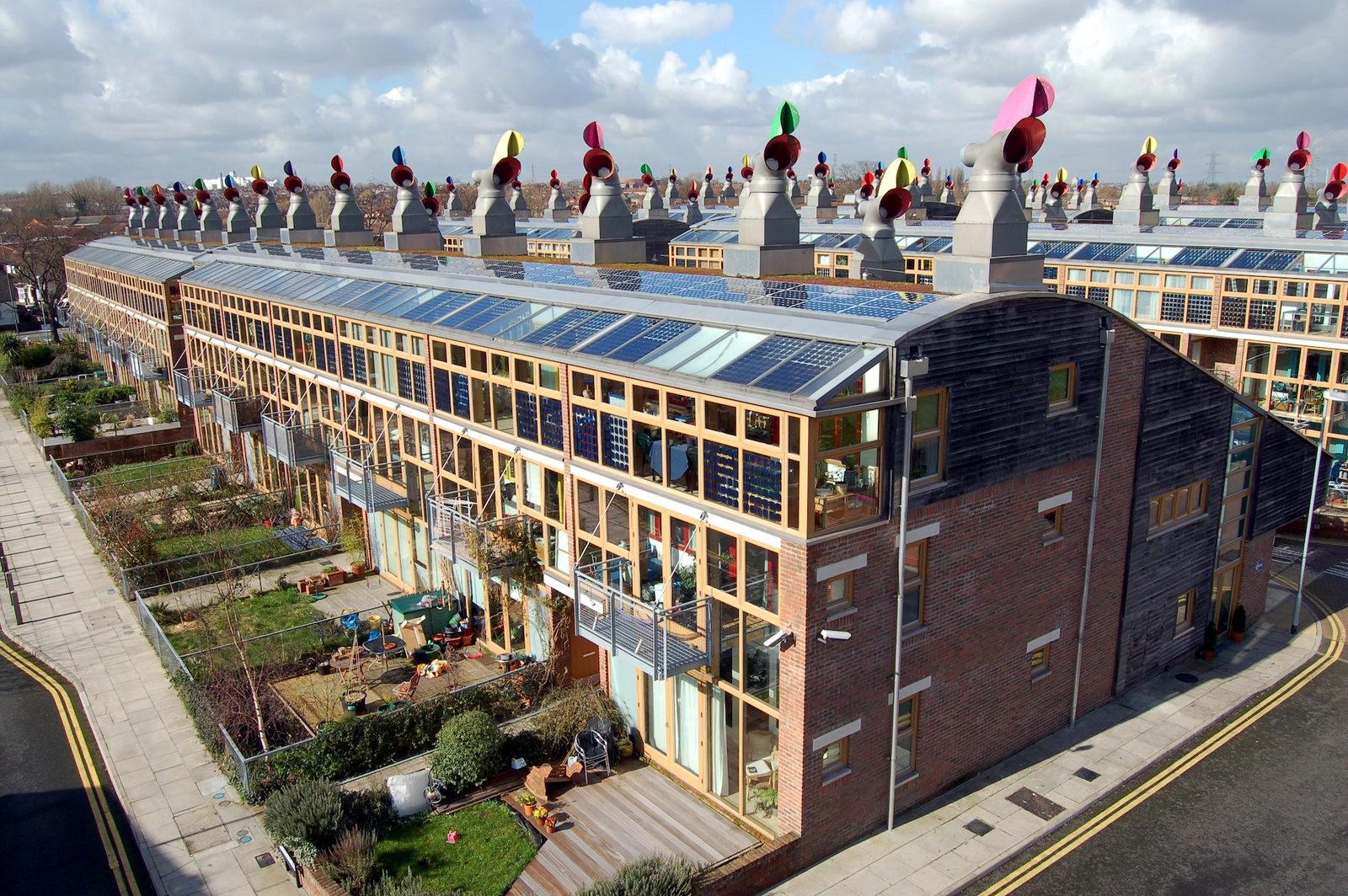 Rooftop solar integrated into the BedZED eco-village in England