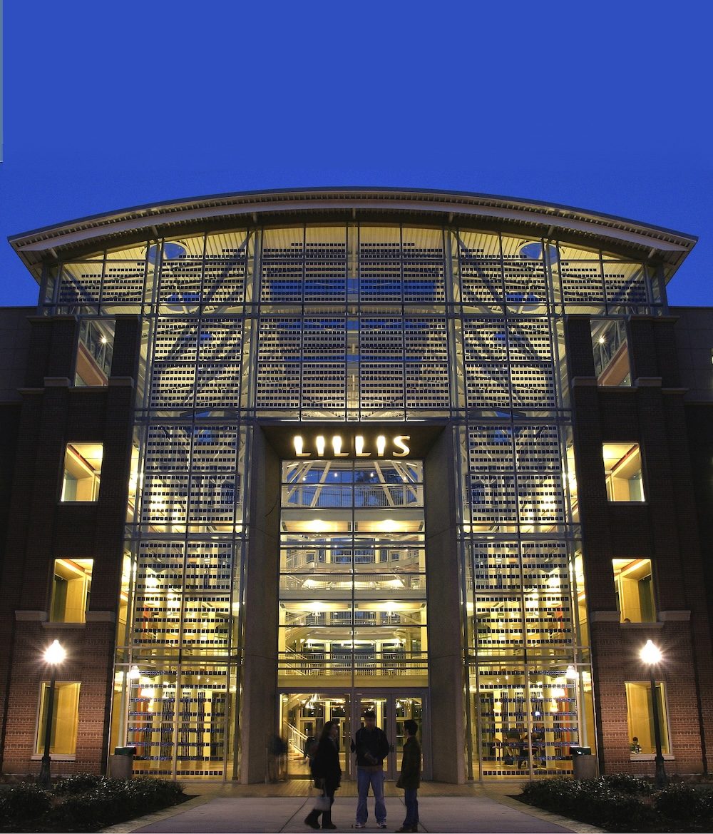 The photovoltaic glass facade of the Lillis Business Complex at the University of Oregon