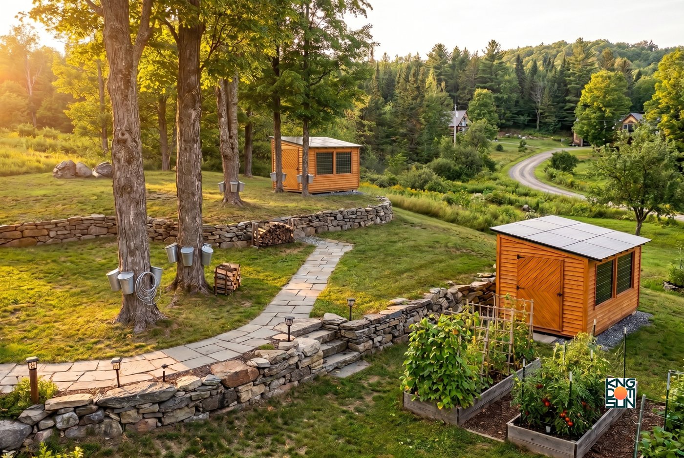 Two Sunsheds on a Vermont hillside at golden hour, joined by a stone path