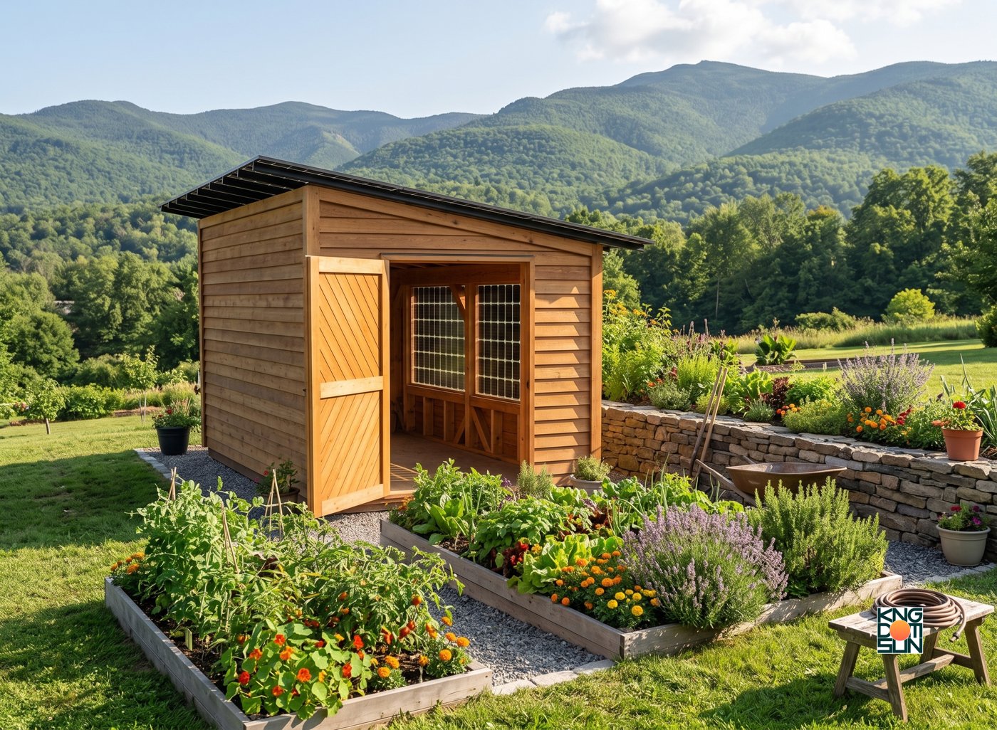 A Sunshed with its door open beside raised garden beds, mountains behind