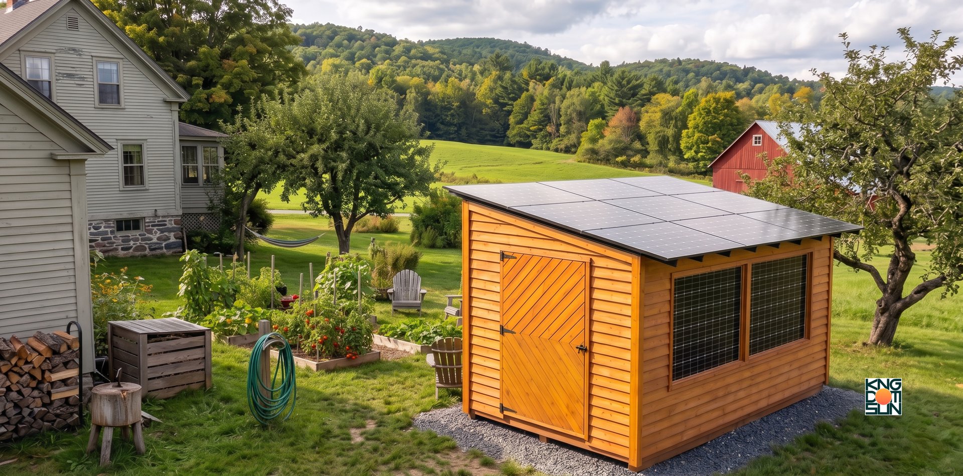 A Sunshed beside a farmhouse and garden, a red barn and green Vermont hills behind
