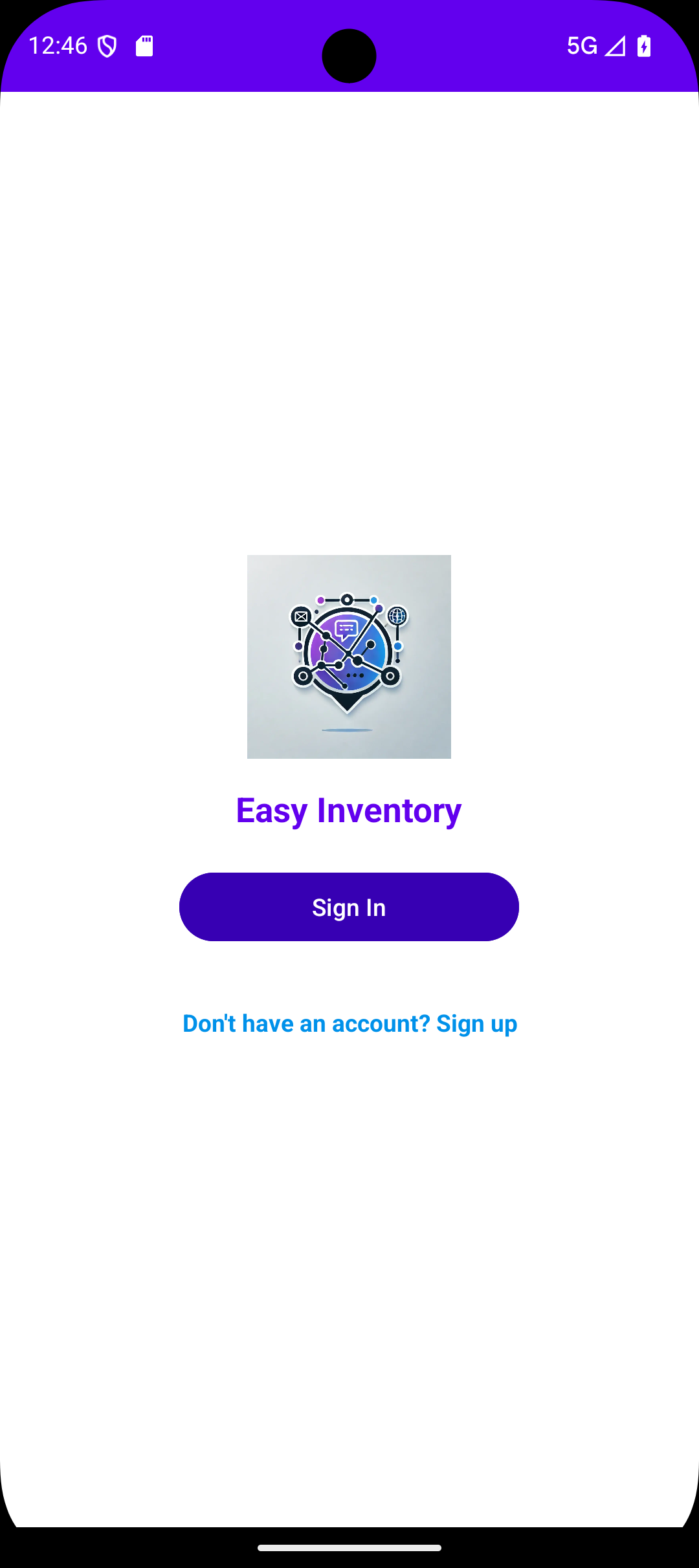 Mobile app login screen with a logo, title Easy Inventory, purple Sign In button, and a sign-up prompt.