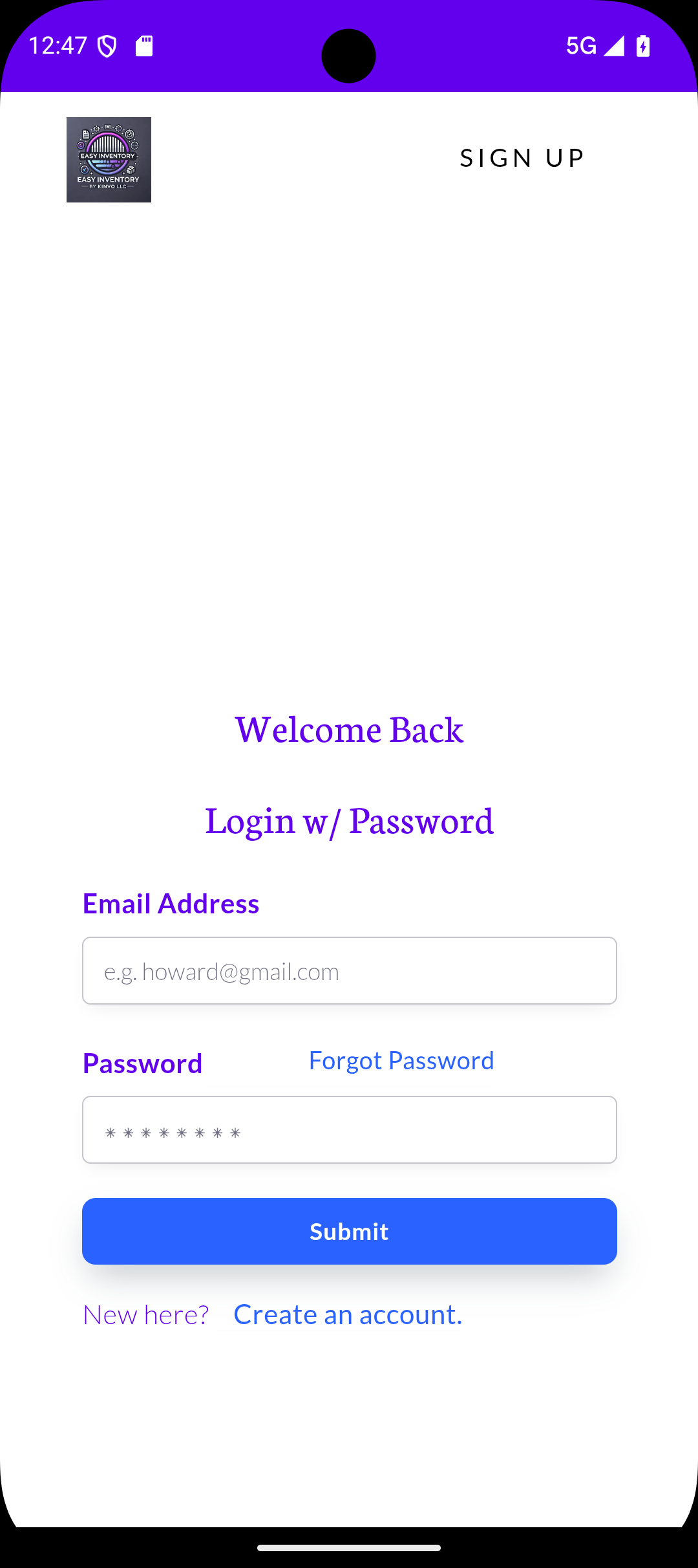 Mobile app login screen with fields for email and password, a submit button, forgot password link, and option to create an account.