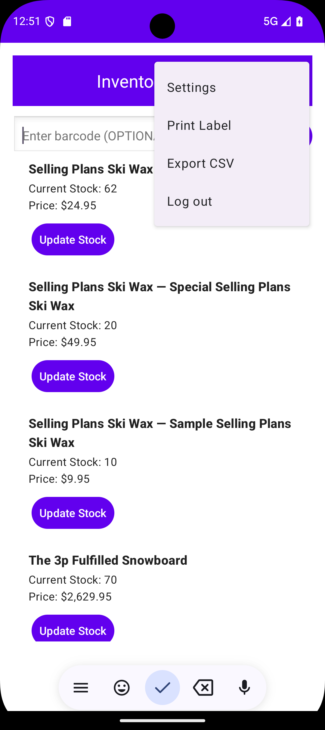 Mobile app screen showing inventory with products including Selling Plans Ski Wax and The 3p Fulfilled Snowboard, each listing current stock, price, and an Update Stock button; menu options for Settings, Print Label, Export CSV, and Log out are visible.