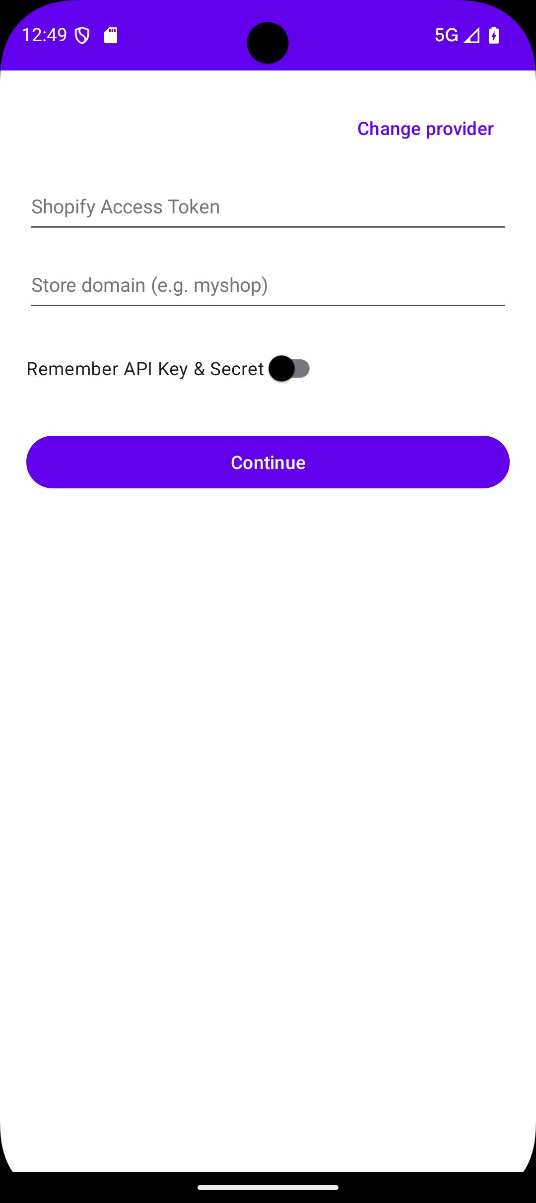 Mobile screen showing a Shopify login form with fields for Access Token and Store domain, a toggle to remember API Key and Secret, and a purple Continue button.