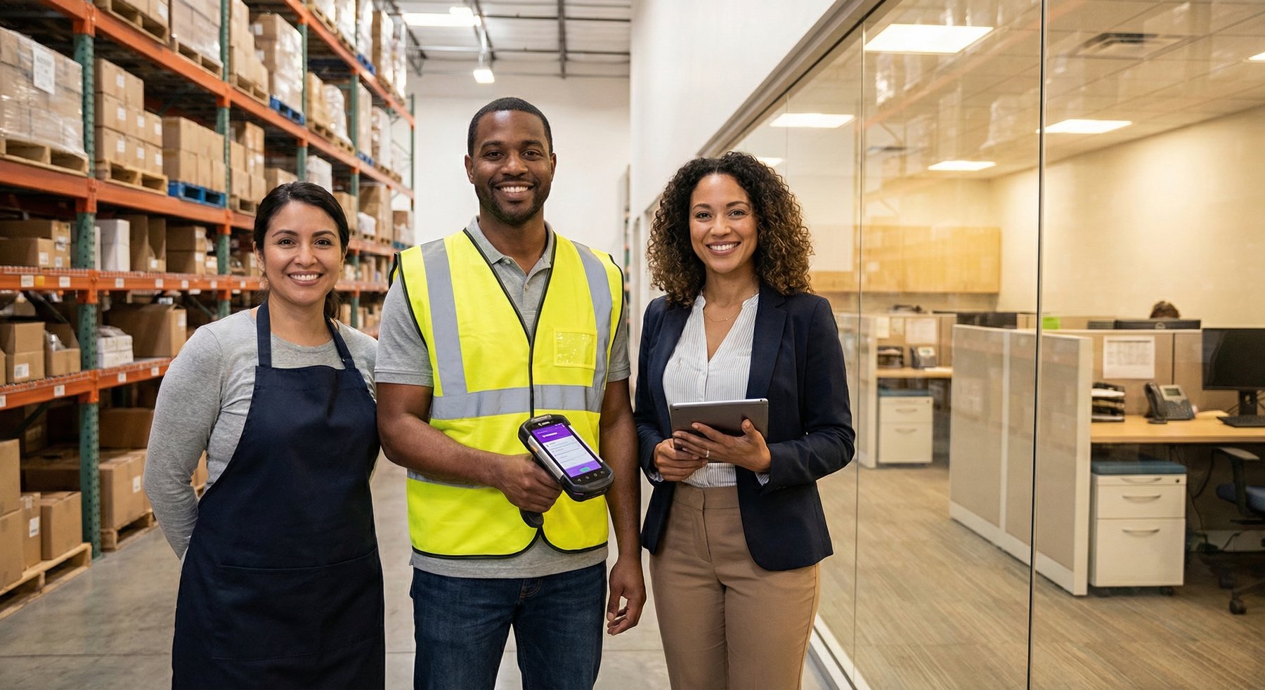 Three smiling warehouse workers standing in an aisle with shelves of boxes; one wears a high-visibility vest holding a scanning device, and another holds a tablet near a glass office wall.