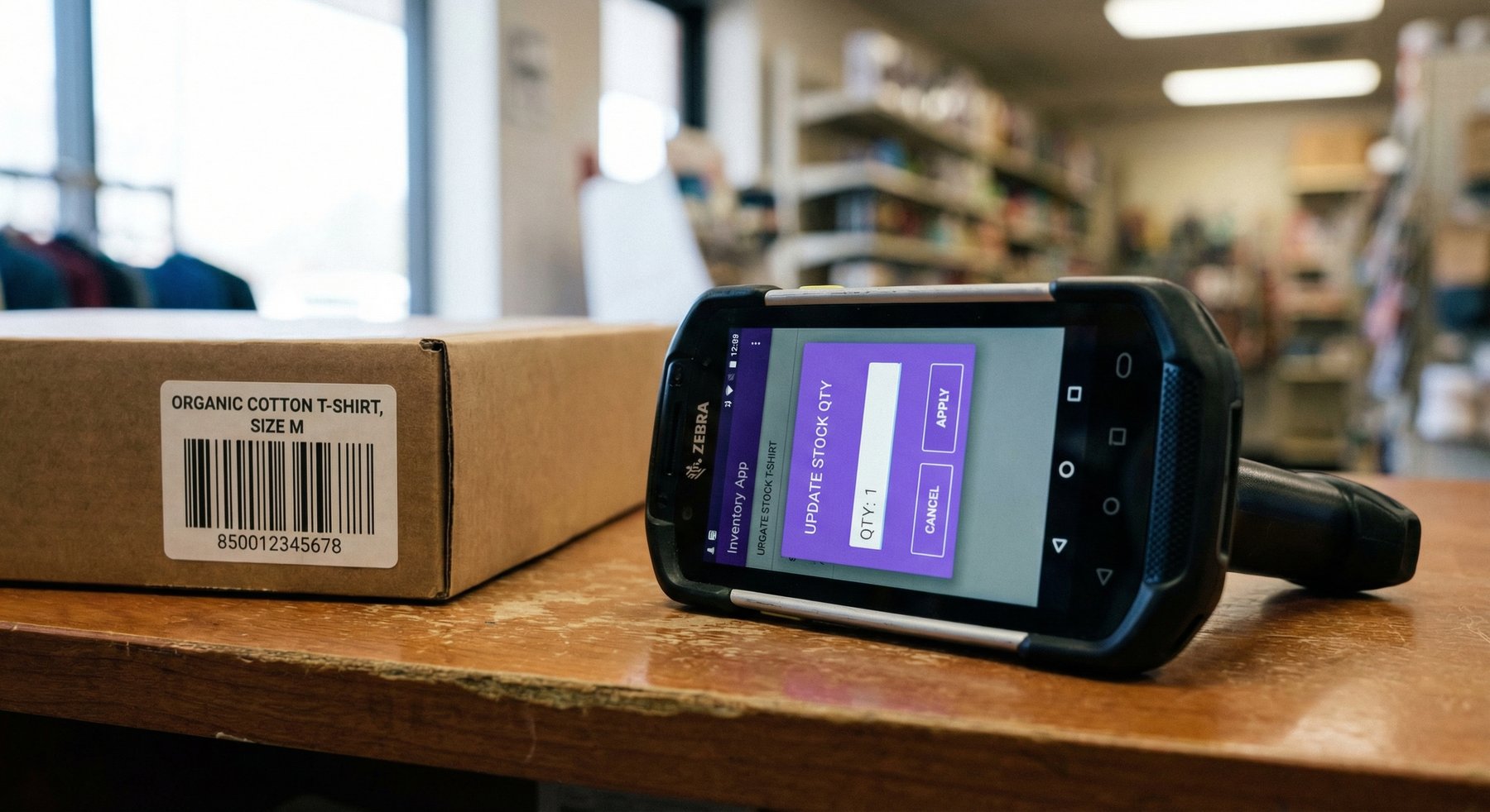 Handheld barcode scanner on a wooden table next to a cardboard box labeled Organic Cotton T-Shirt Size M with a barcode.