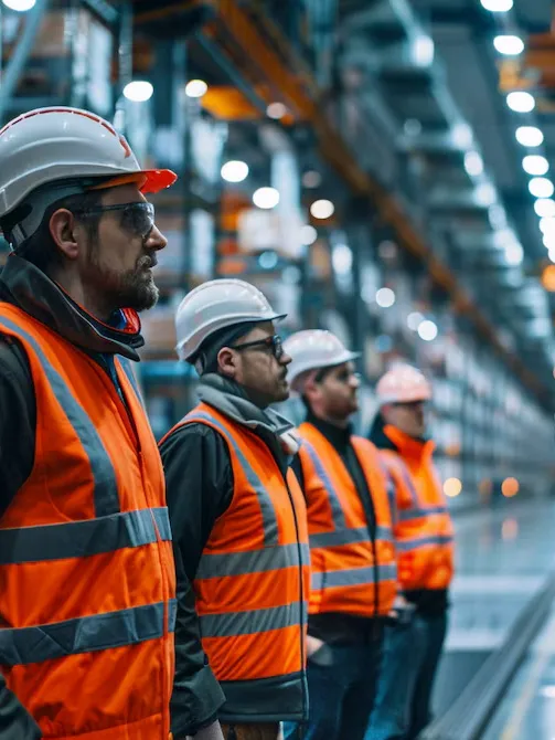 Four industrial workers in white helmets and orange safety vests standing in a large warehouse.