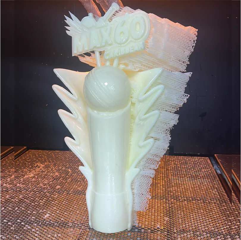 White 3D printed trophy with a cricket ball and text Max60 Caribbean on top.