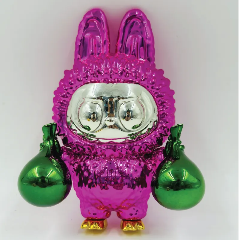 Metallic purple bunny figure with silver face and green bags in both hands on white background.