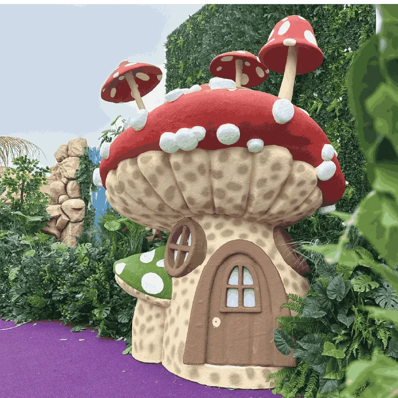 Whimsical mushroom-shaped house with red and green caps, surrounded by lush greenery and purple floor.