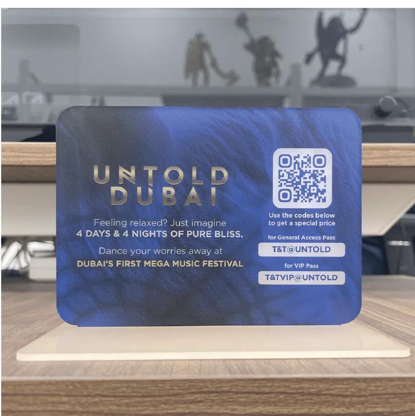 Card advertising Untold Dubai, a mega music festival with 4 days and 4 nights of bliss and special pricing codes.
